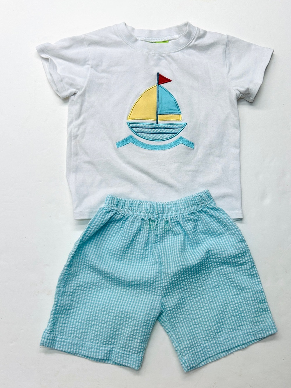 Classic Whimsy White Tee Blue Seersucker Shorts Set Outfit Sailboat Embroidery
